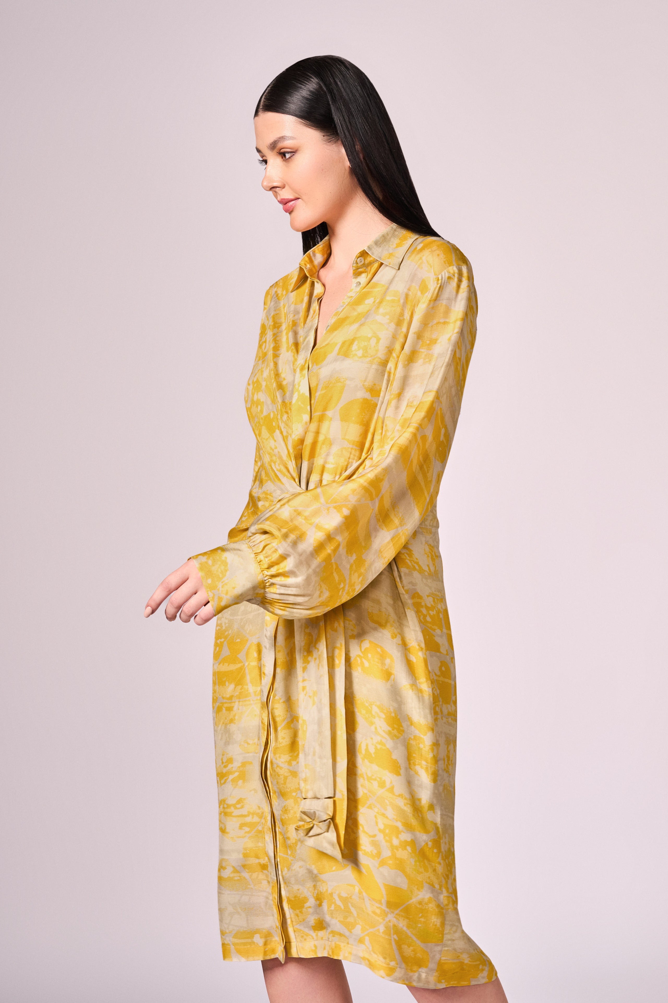 Grey yellow forest print shirt  dress