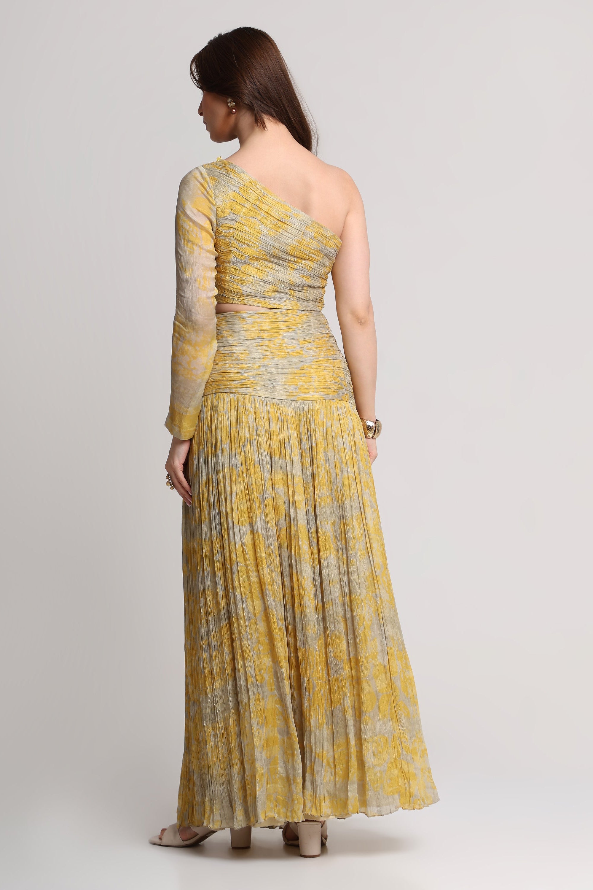 Grey yellow forest print maxi dress
