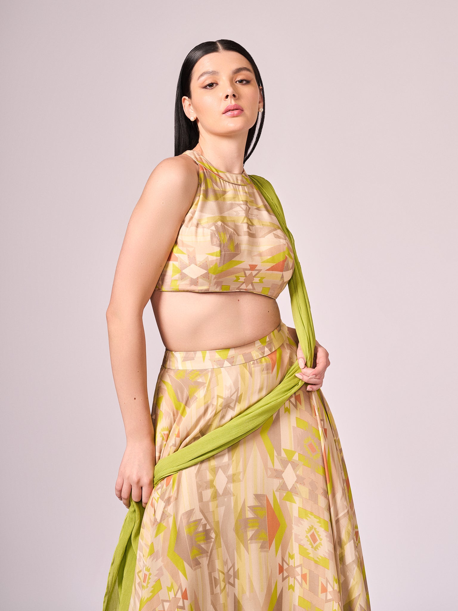 Lime green geometric print  lehenga set