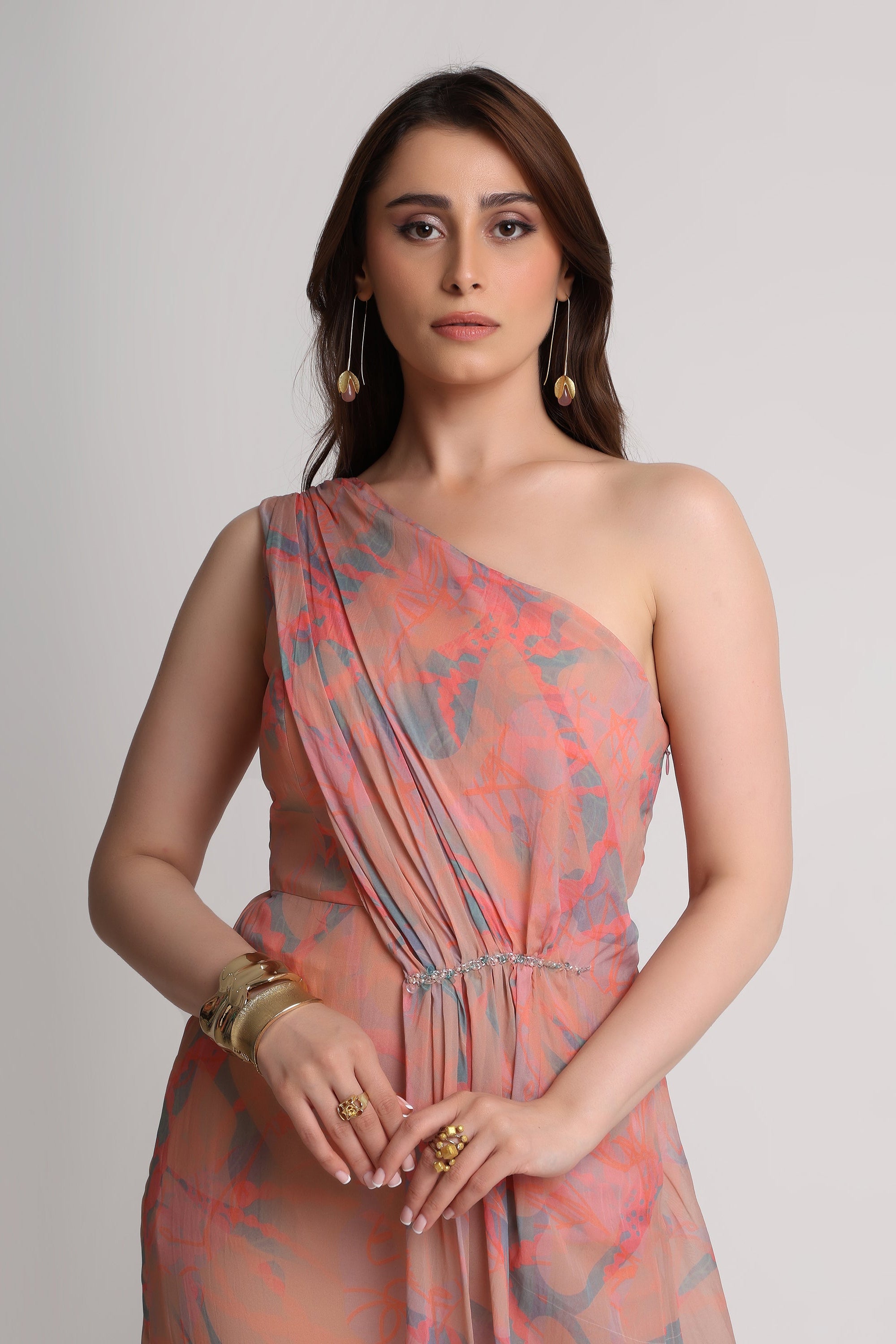 Peach abstract floral print one shoulder short dress