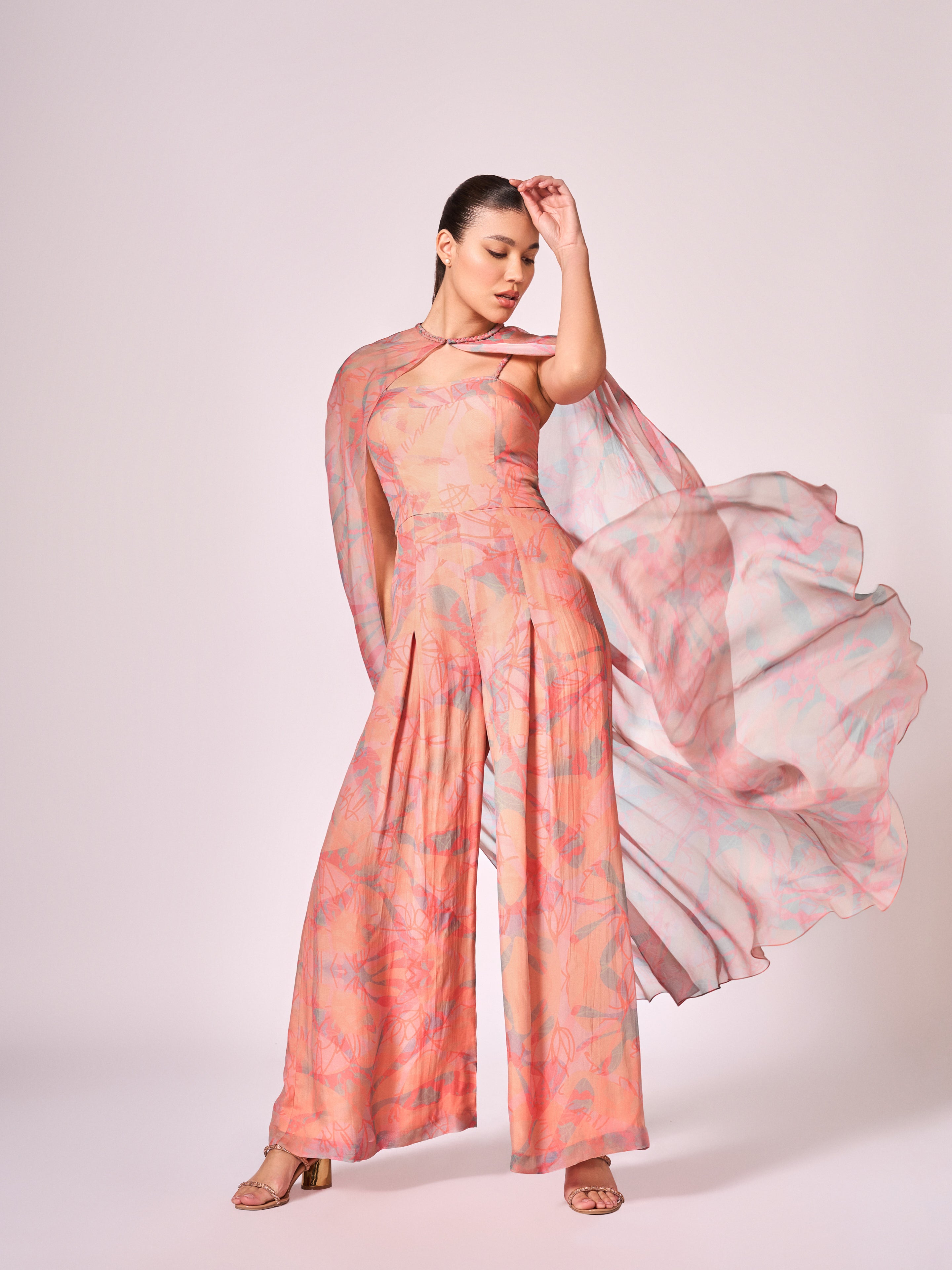 Peach absract floral print jumpsuit
