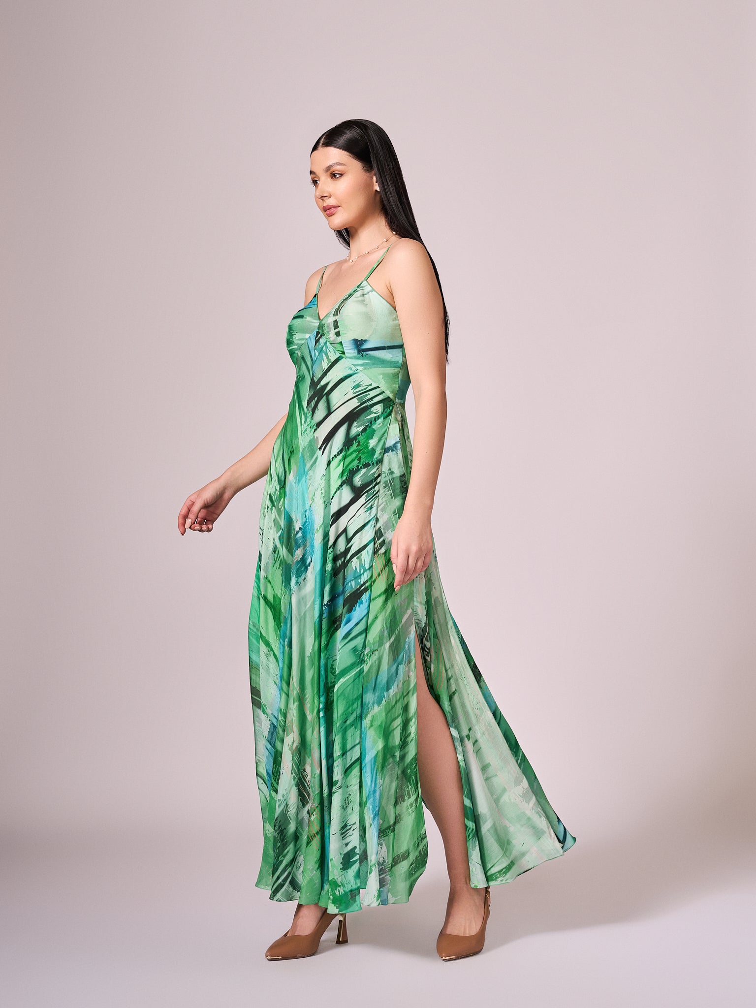 Green abstract print maxi dress