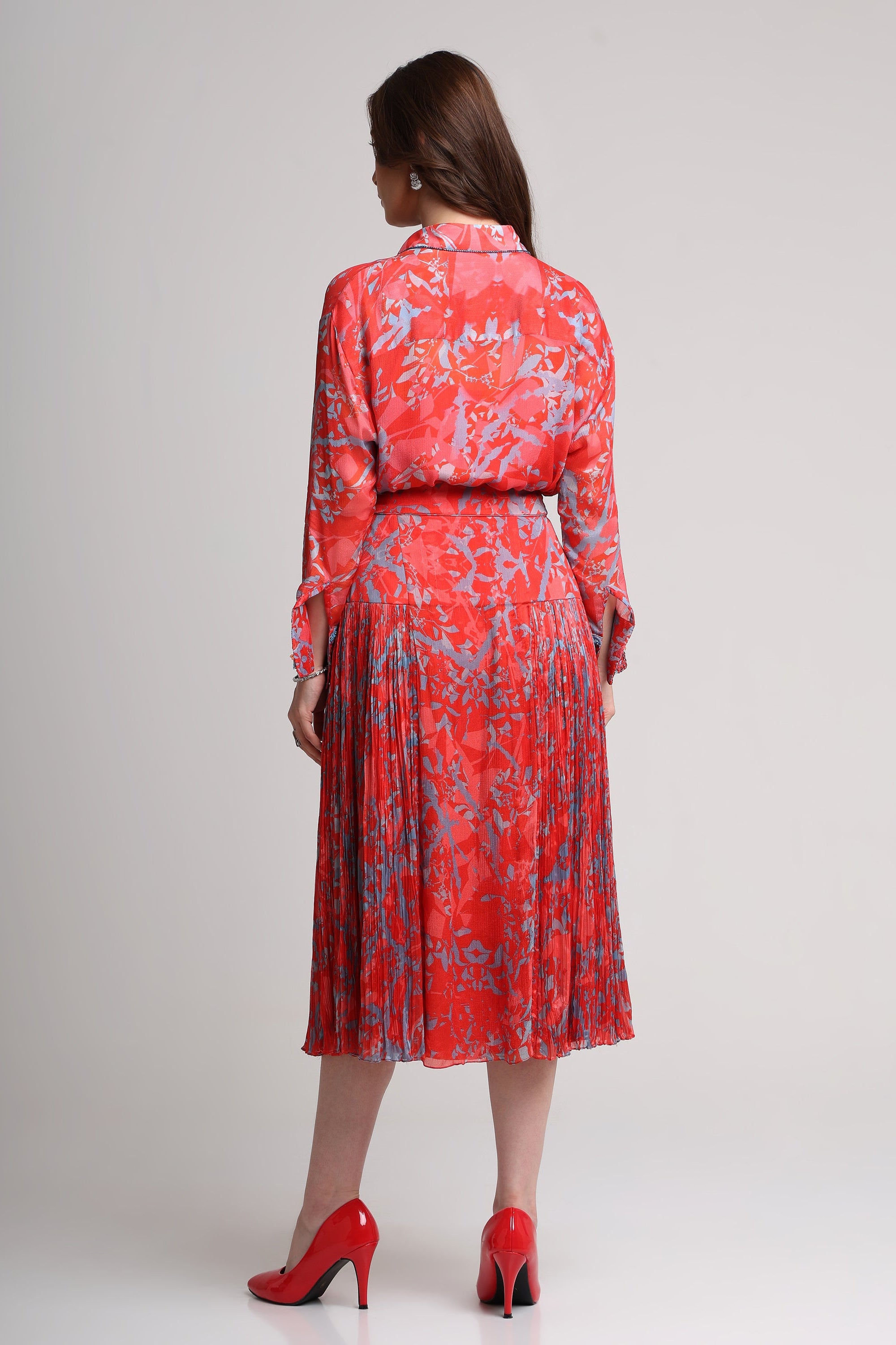 Red abstract floral print skirt set