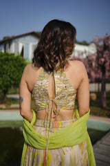 Lime green geometric print embroidered lehenga set