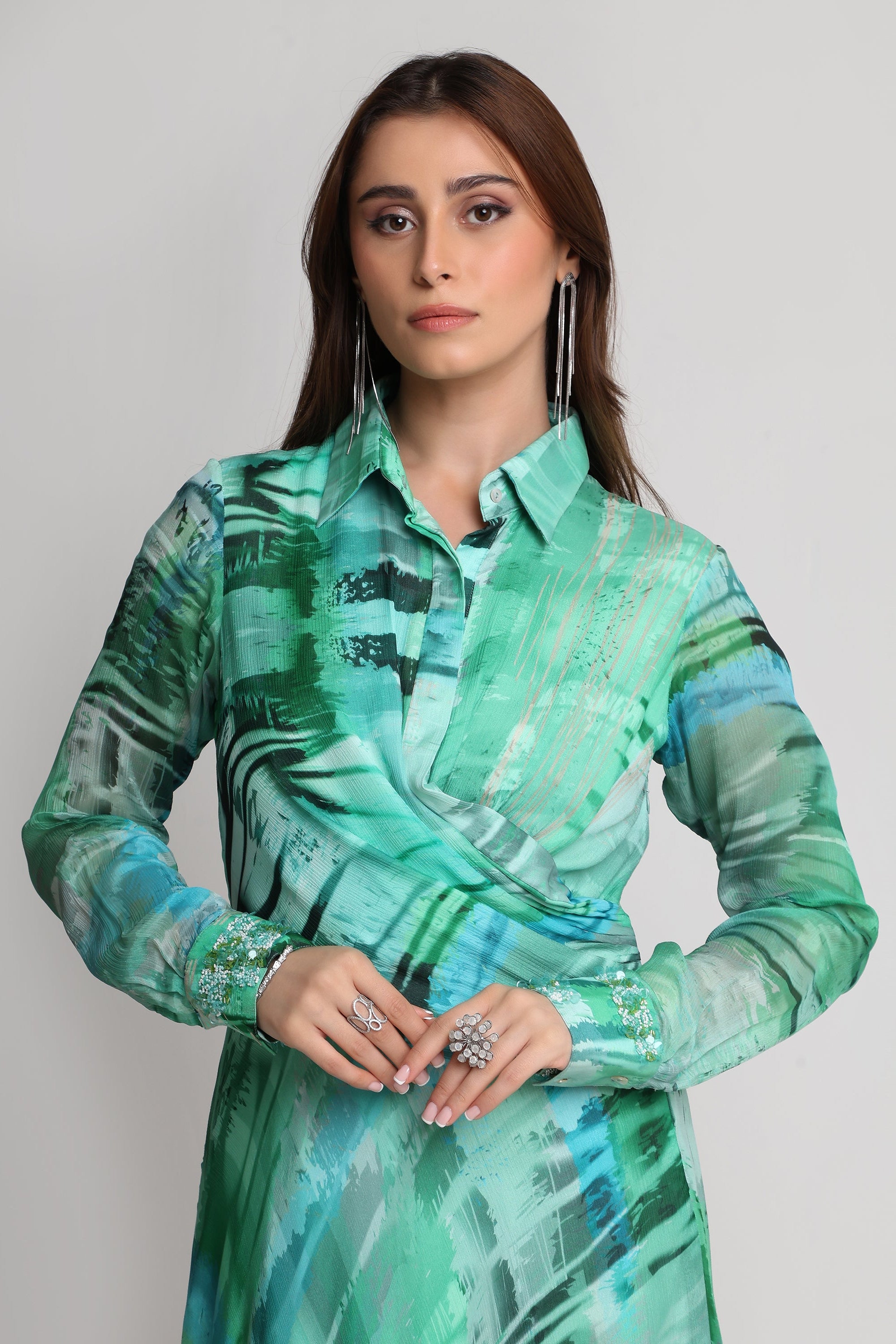Green Geometric art print shirt dress