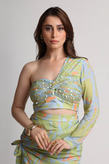 Green blue abstract print top and skirt set