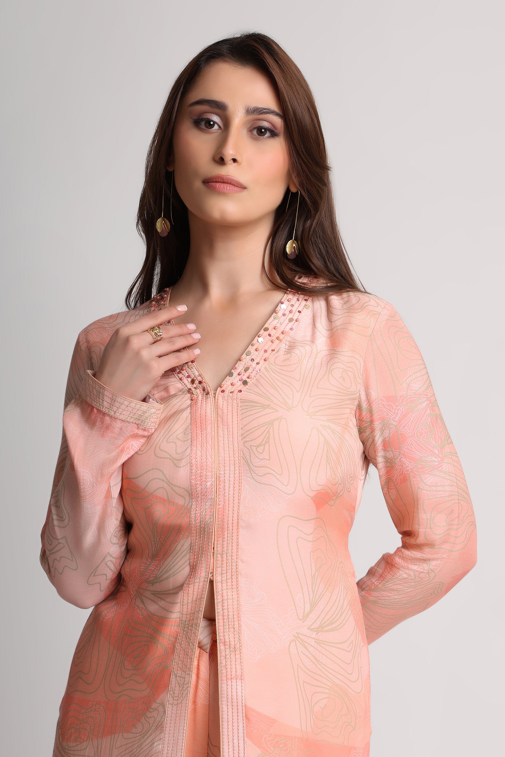 Peach Abstract Floral Lines Print kurta set