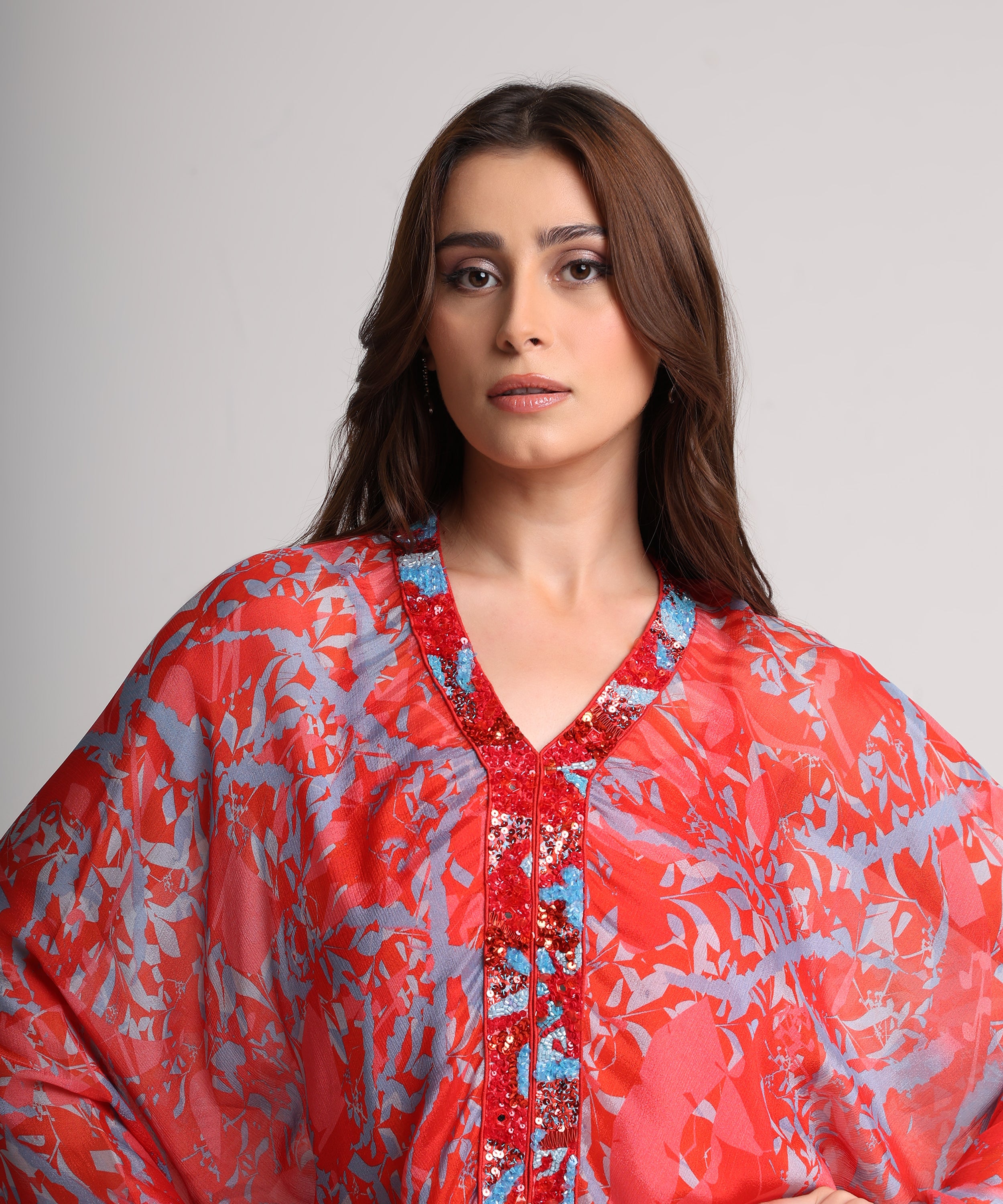 Red abstract floral print kaftan top