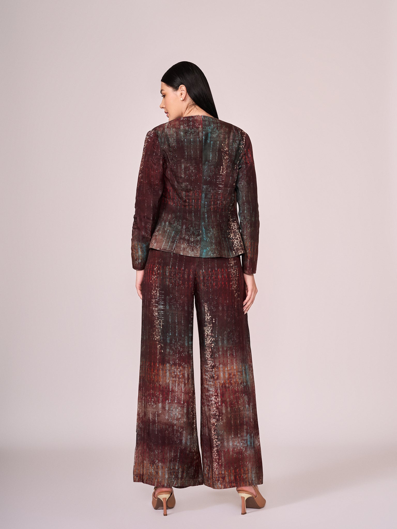 Maroon abstract floral print pant, blouse and jacket set