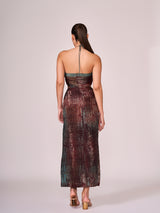 Maroon abstract floral print halter dress