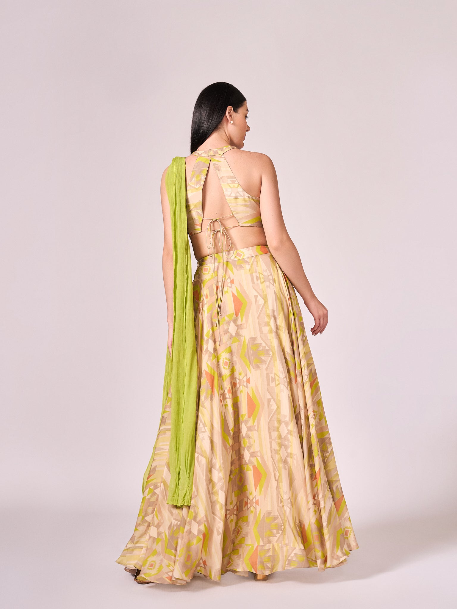 Lime green geometric print  lehenga set