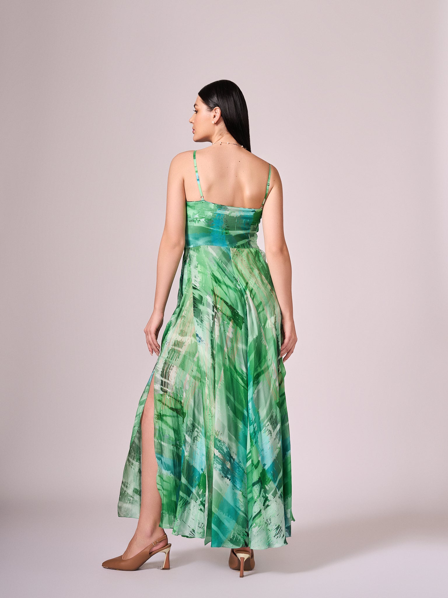 Green abstract print maxi dress