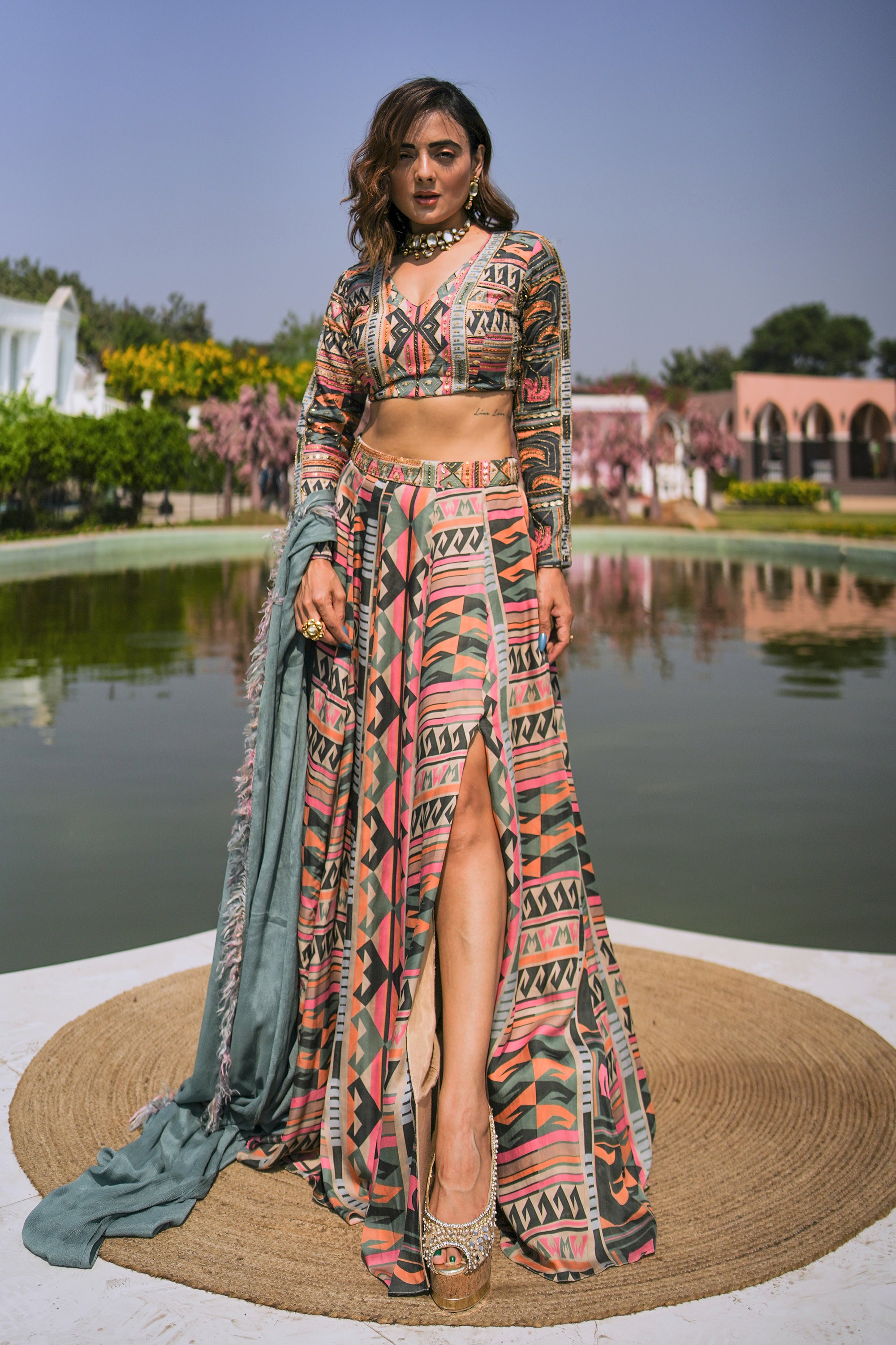 Multi coloured geometric print embroidered lehenga set