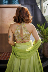 Lime green geometric print embroidered lehenga set