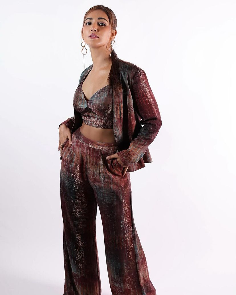 Maroon abstract floral print pant, blouse and jacket set