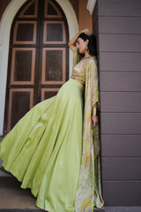 Lime green geometric print embroidered lehenga set