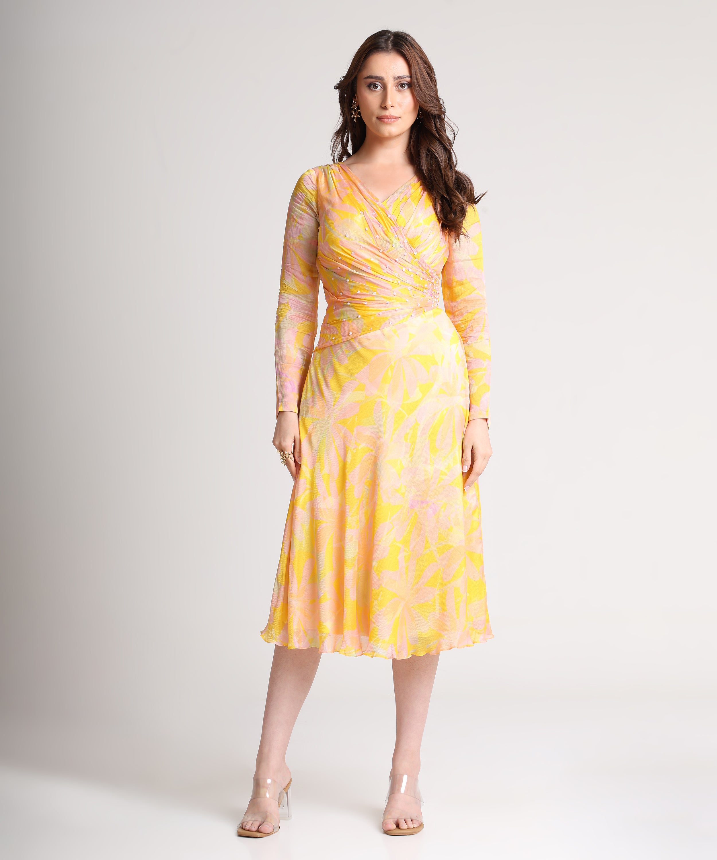 Yellow abstract floral print midi dress – koswi