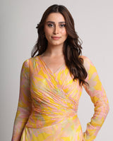 Yellow abstract floral print midi dress