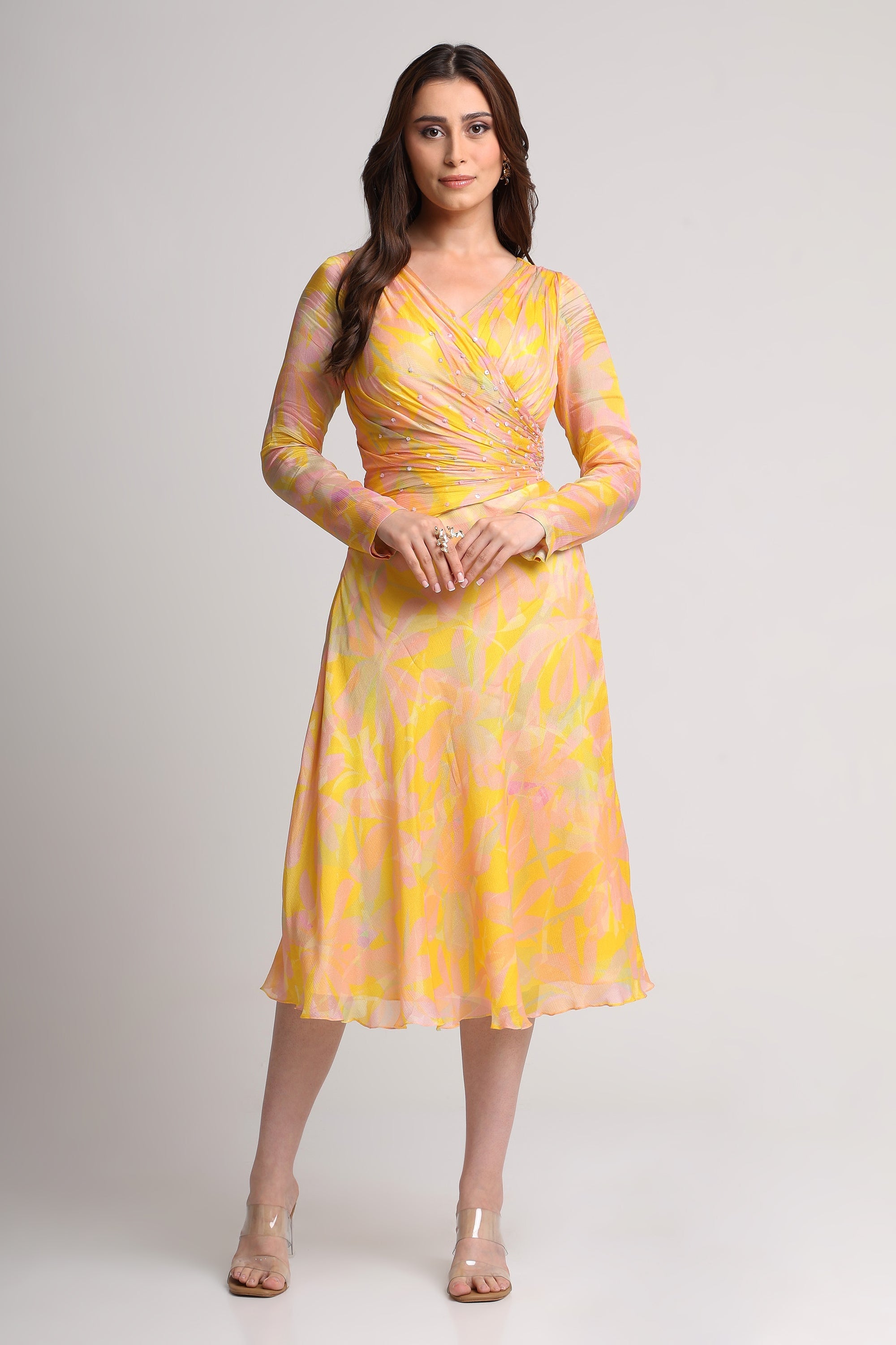 Yellow abstract floral print midi dress – koswi