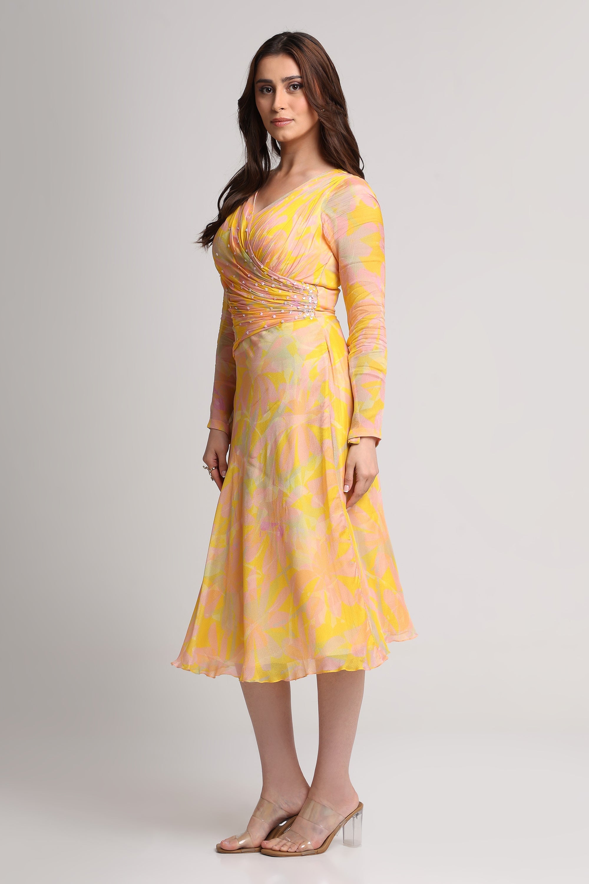 Yellow abstract floral print midi dress