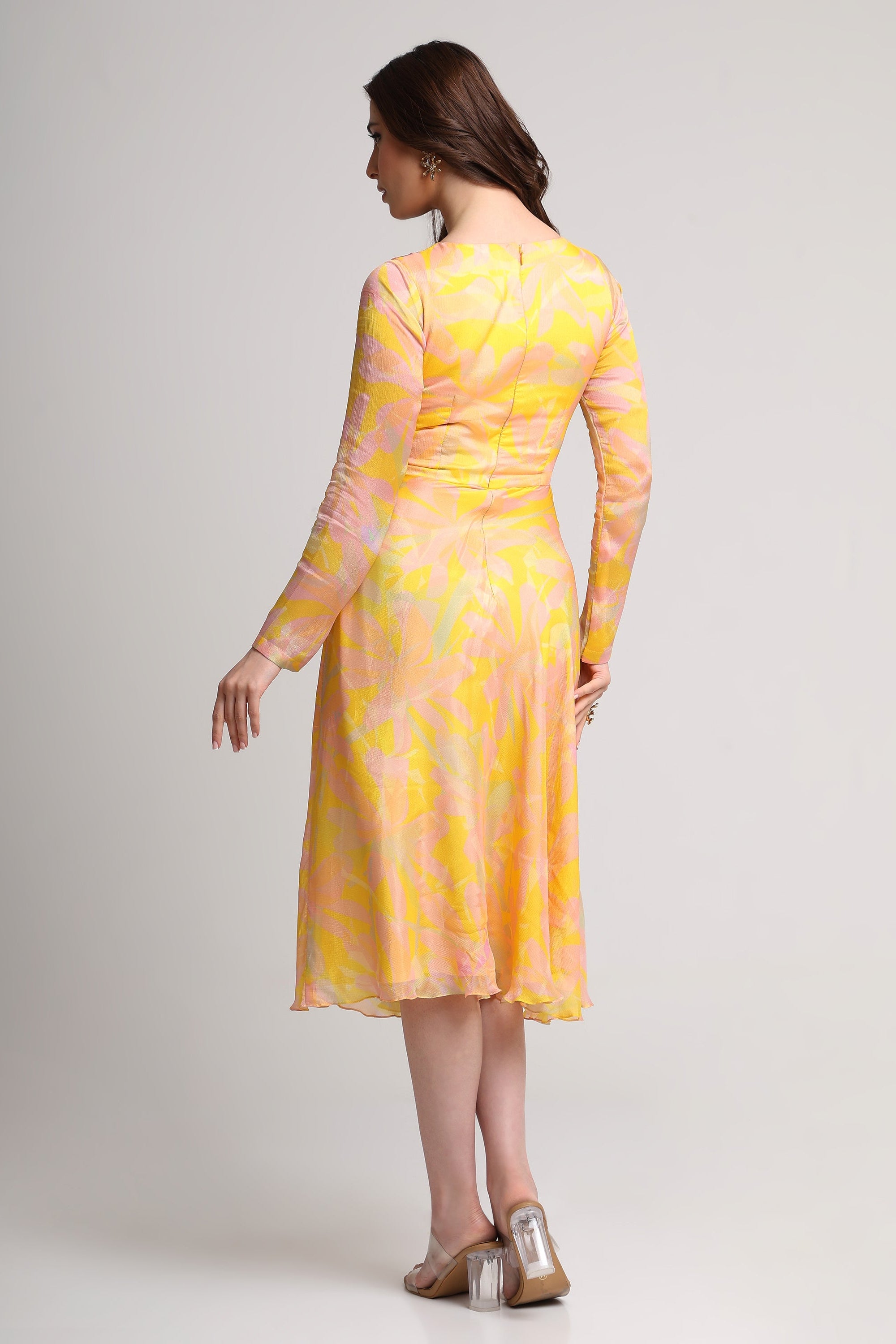 Yellow abstract floral print midi dress – koswi