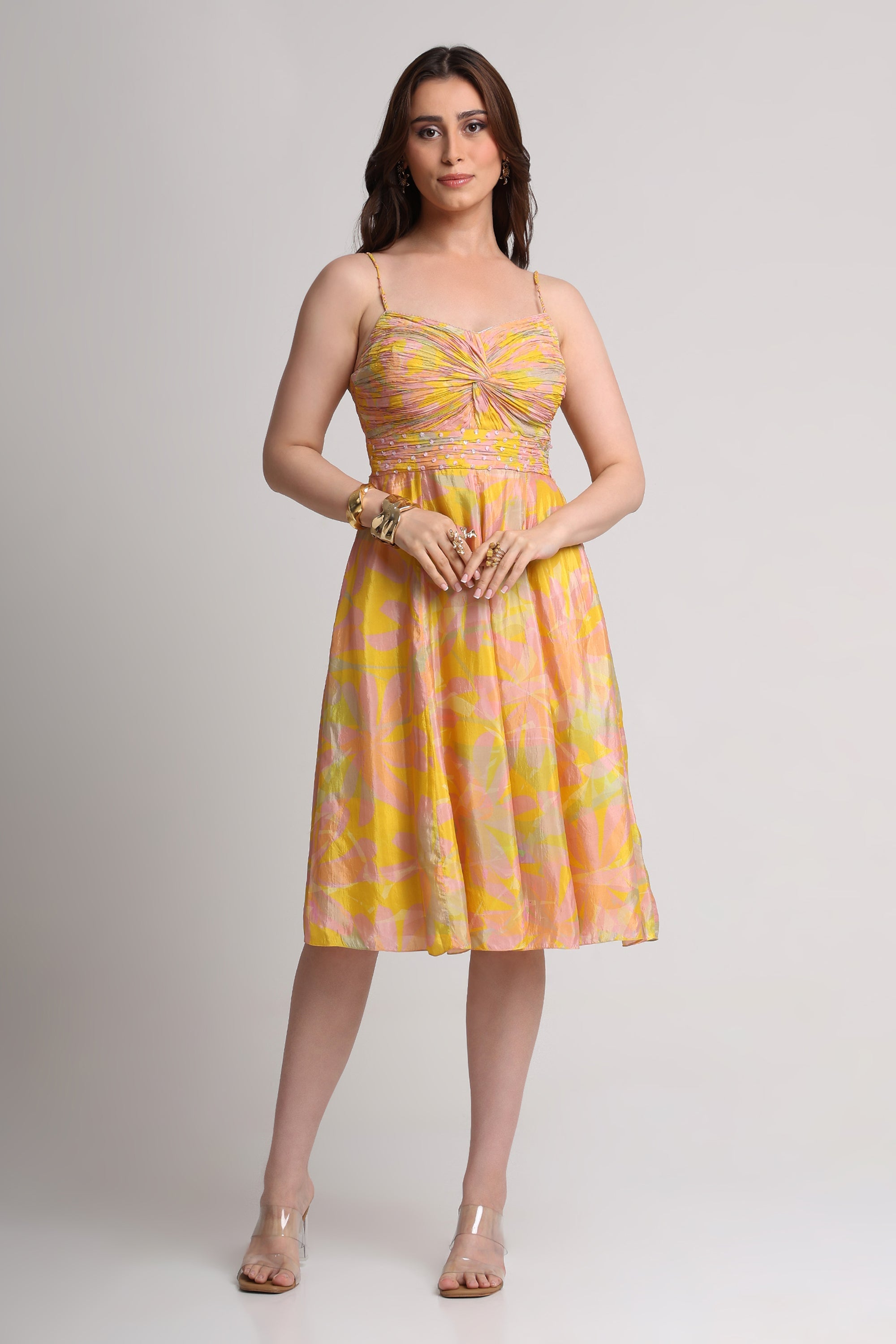 Yellow abstract floral print midi strap dress