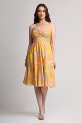 Yellow abstract floral print midi strap dress