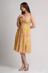 Yellow abstract floral print midi strap dress