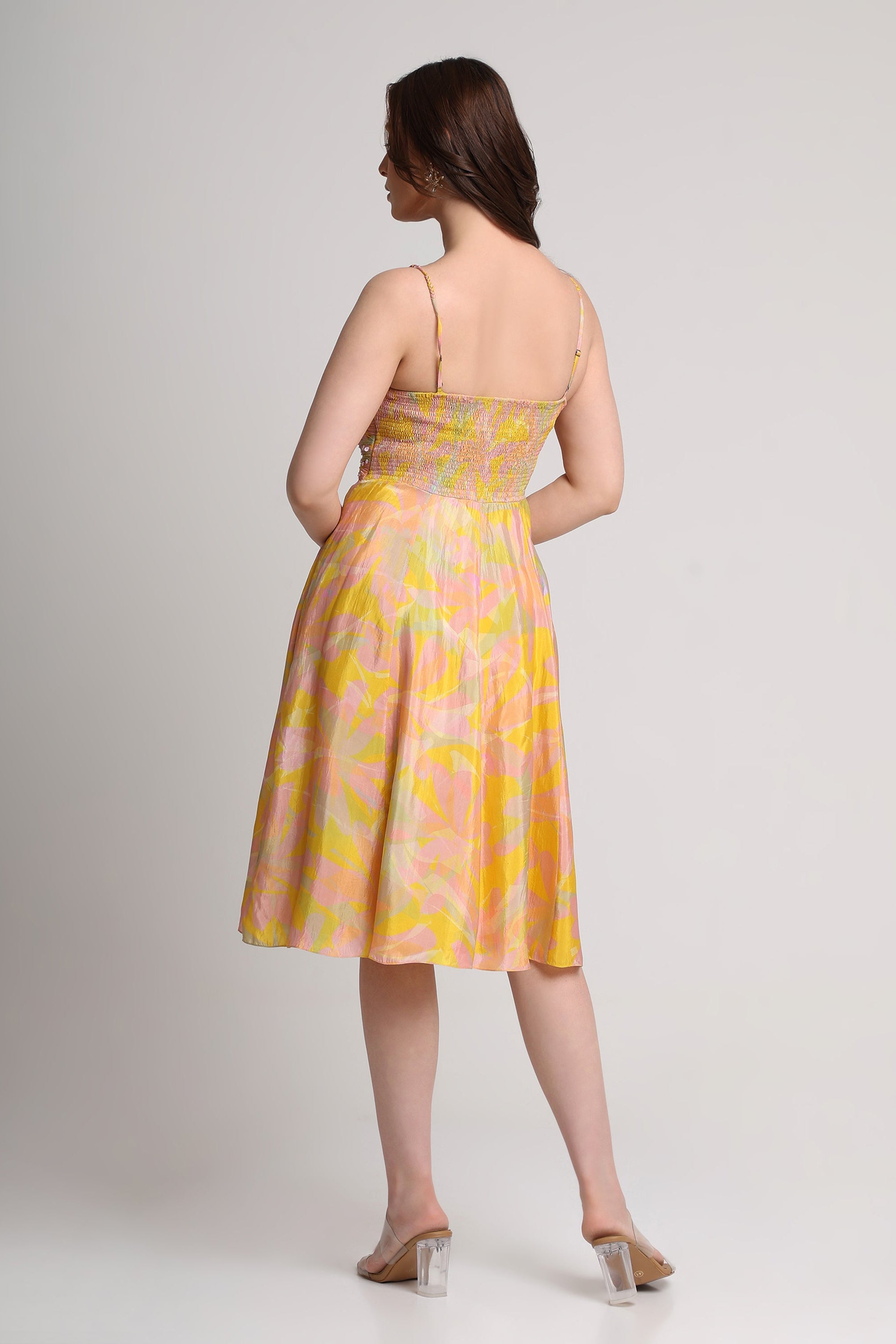 Yellow abstract floral print midi strap dress