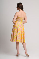 Yellow abstract floral print midi strap dress