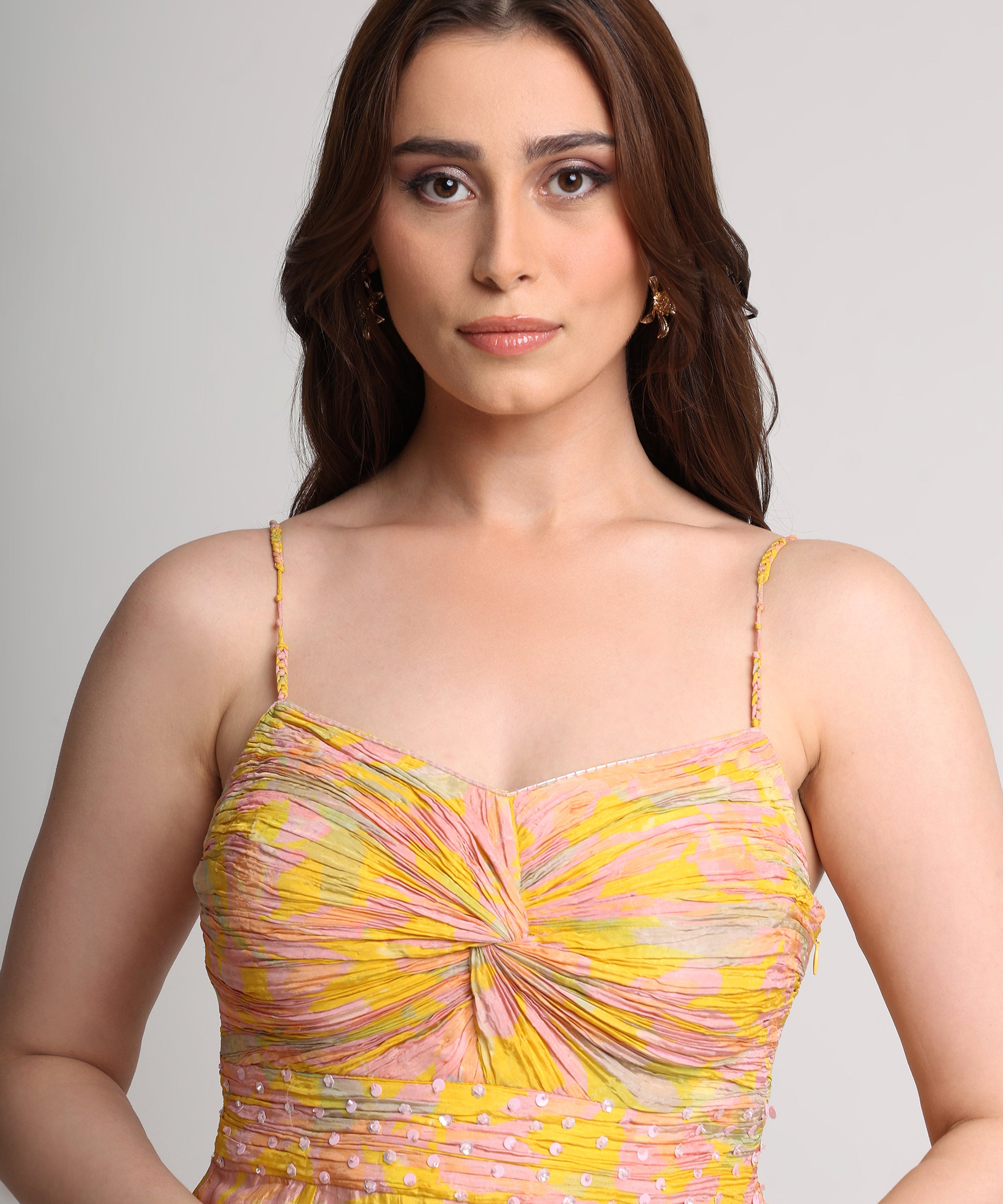 Yellow abstract floral print midi strap dress