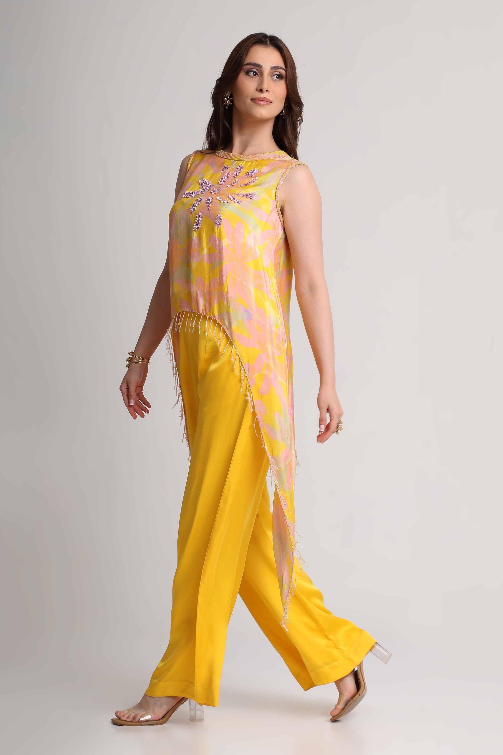 Yellow abstract floral tunic and pant set