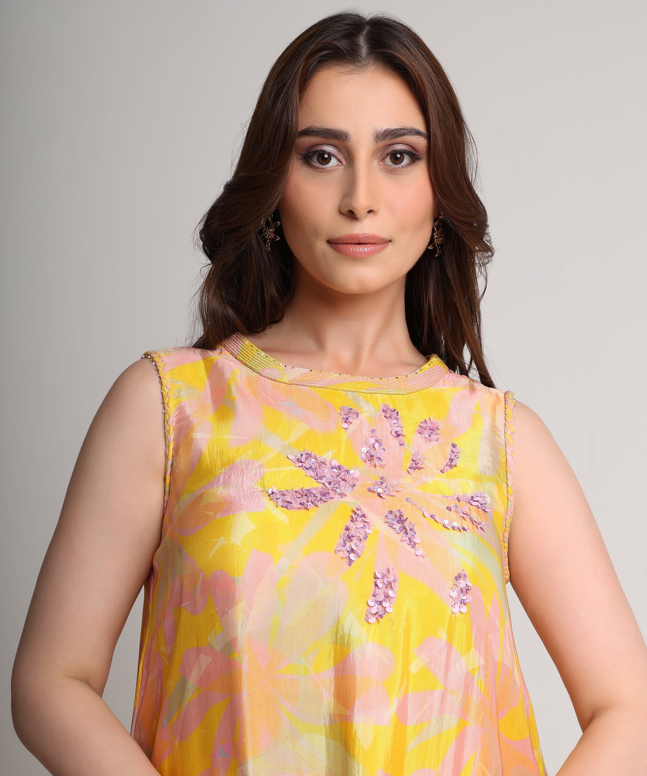 Yellow abstract floral tunic and pant set