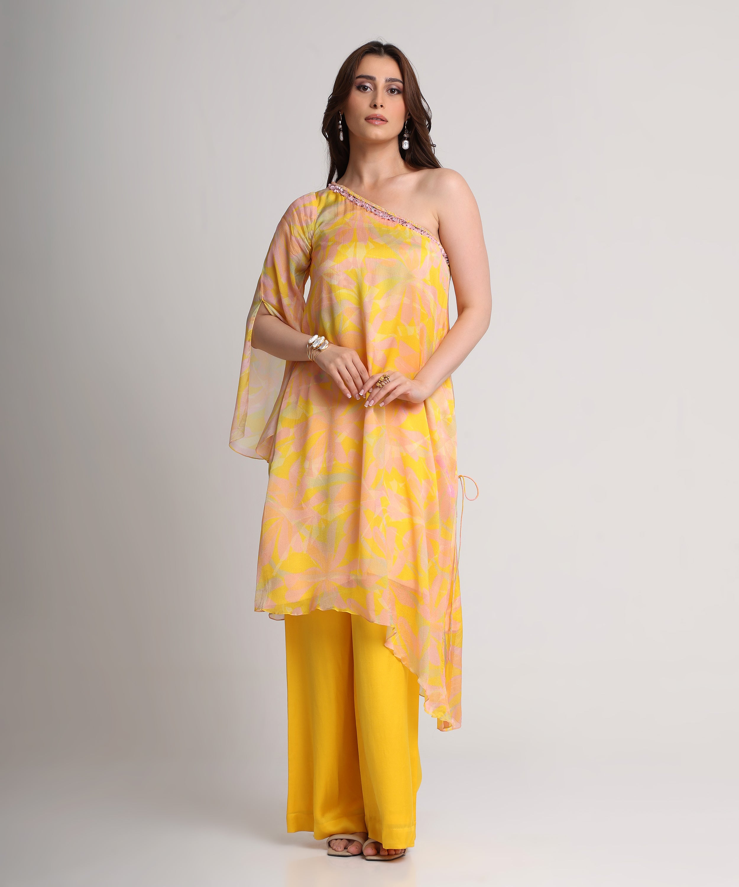 Yellow abstract floral print one shoulder kurta set