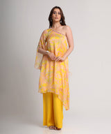 Yellow abstract floral print one shoulder kurta set