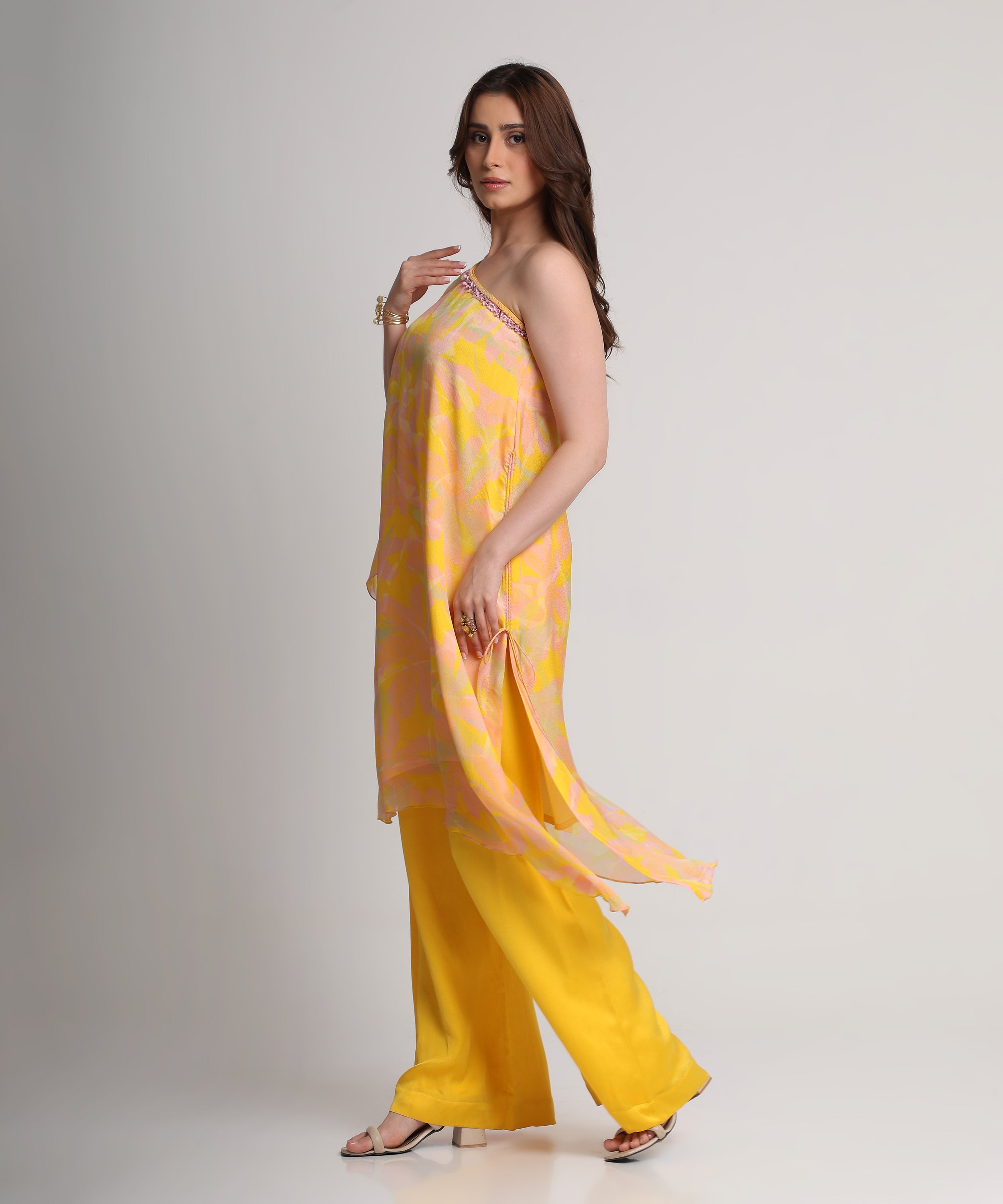 Yellow abstract floral print one shoulder kurta set