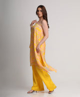 Yellow abstract floral print one shoulder kurta set