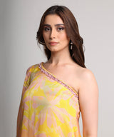 Yellow abstract floral print one shoulder kurta set