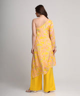 Yellow abstract floral print one shoulder kurta set