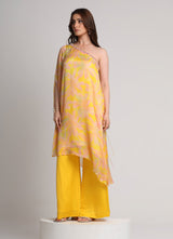 Yellow abstract floral print one shoulder kurta set
