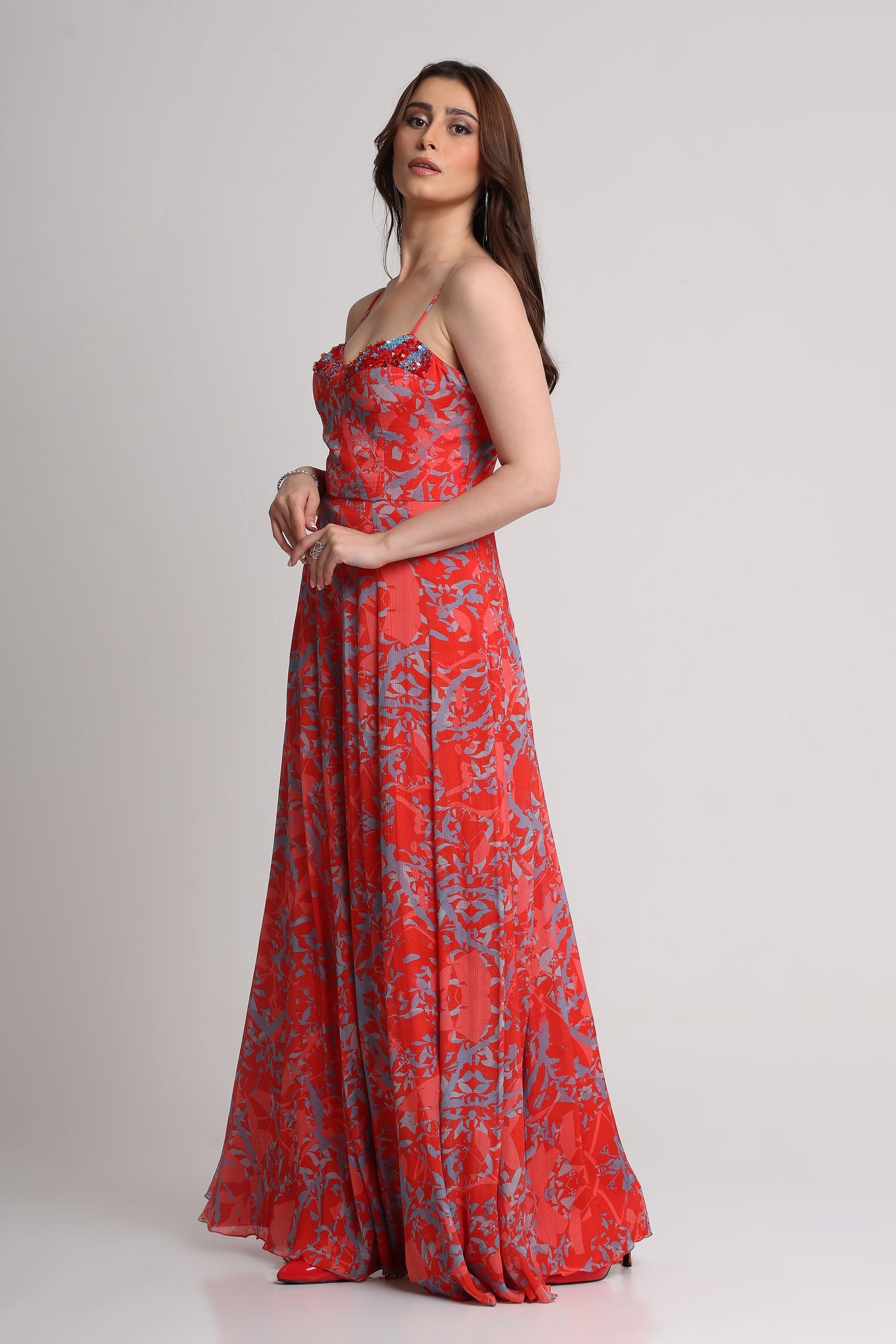 Red abstract floral print  maxi dress