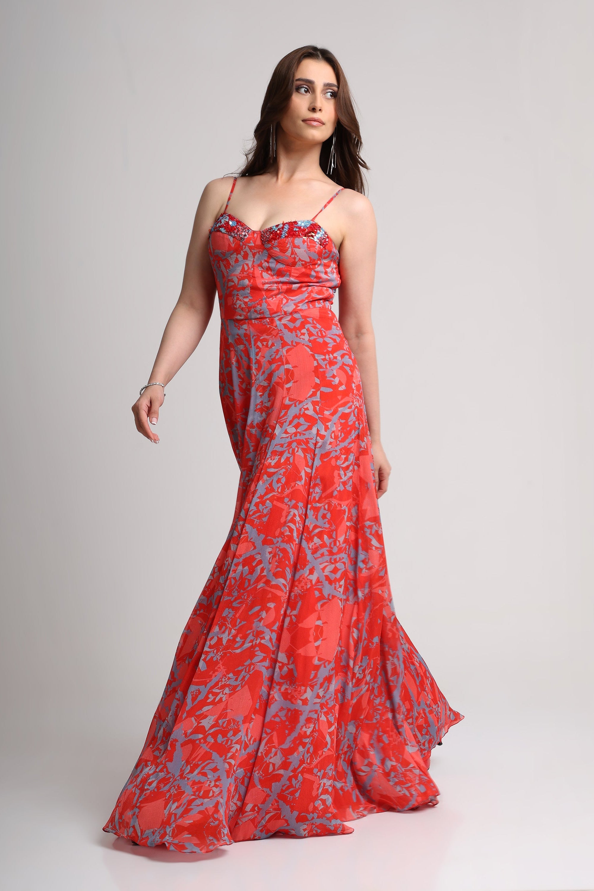 Red abstract floral print  maxi dress