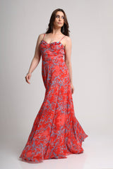 Red abstract floral print  maxi dress