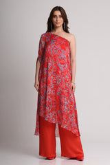 Red abstract floral print one shoulder kurta set