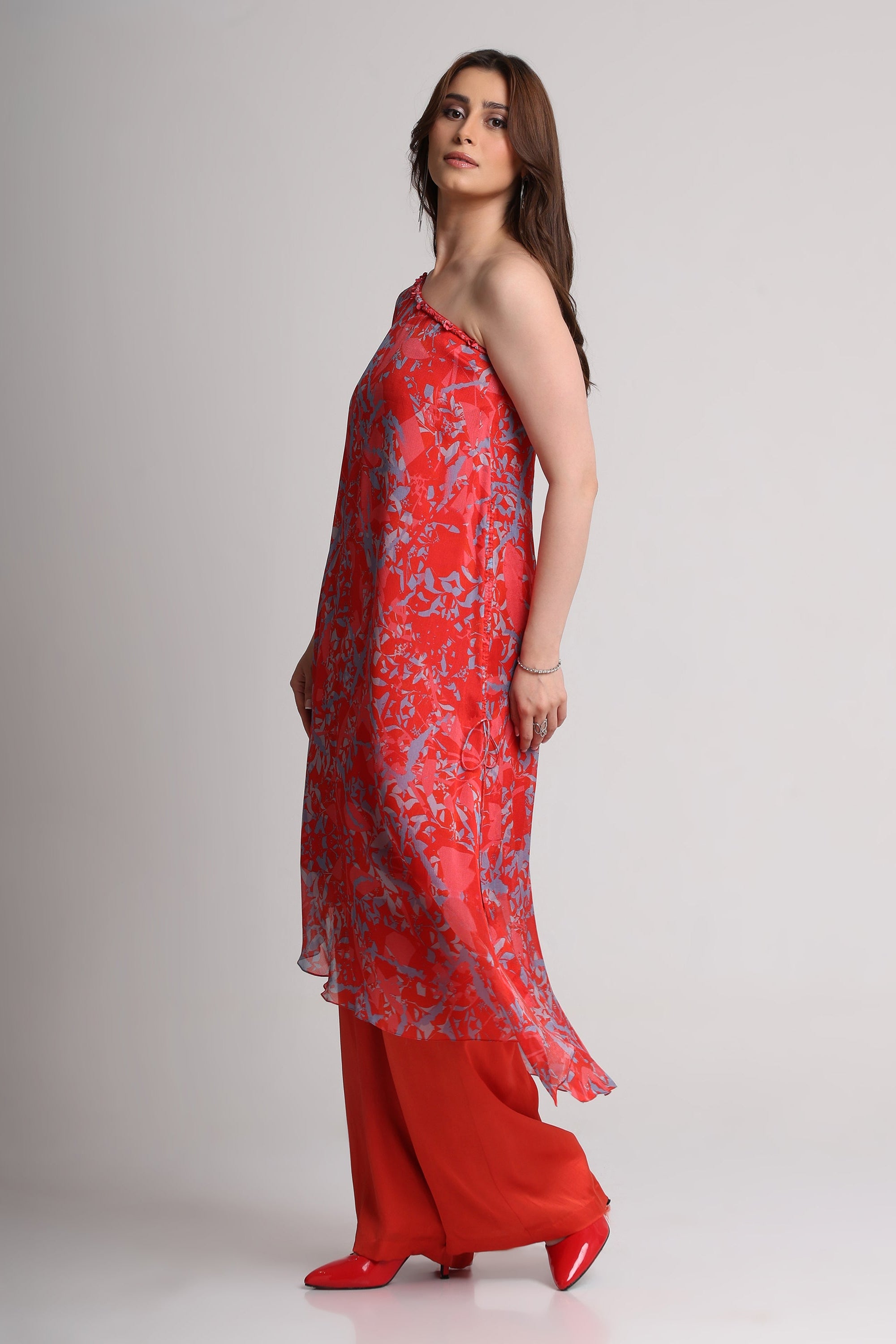 Red abstract floral print one shoulder kurta set