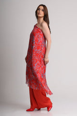 Red abstract floral print one shoulder kurta set