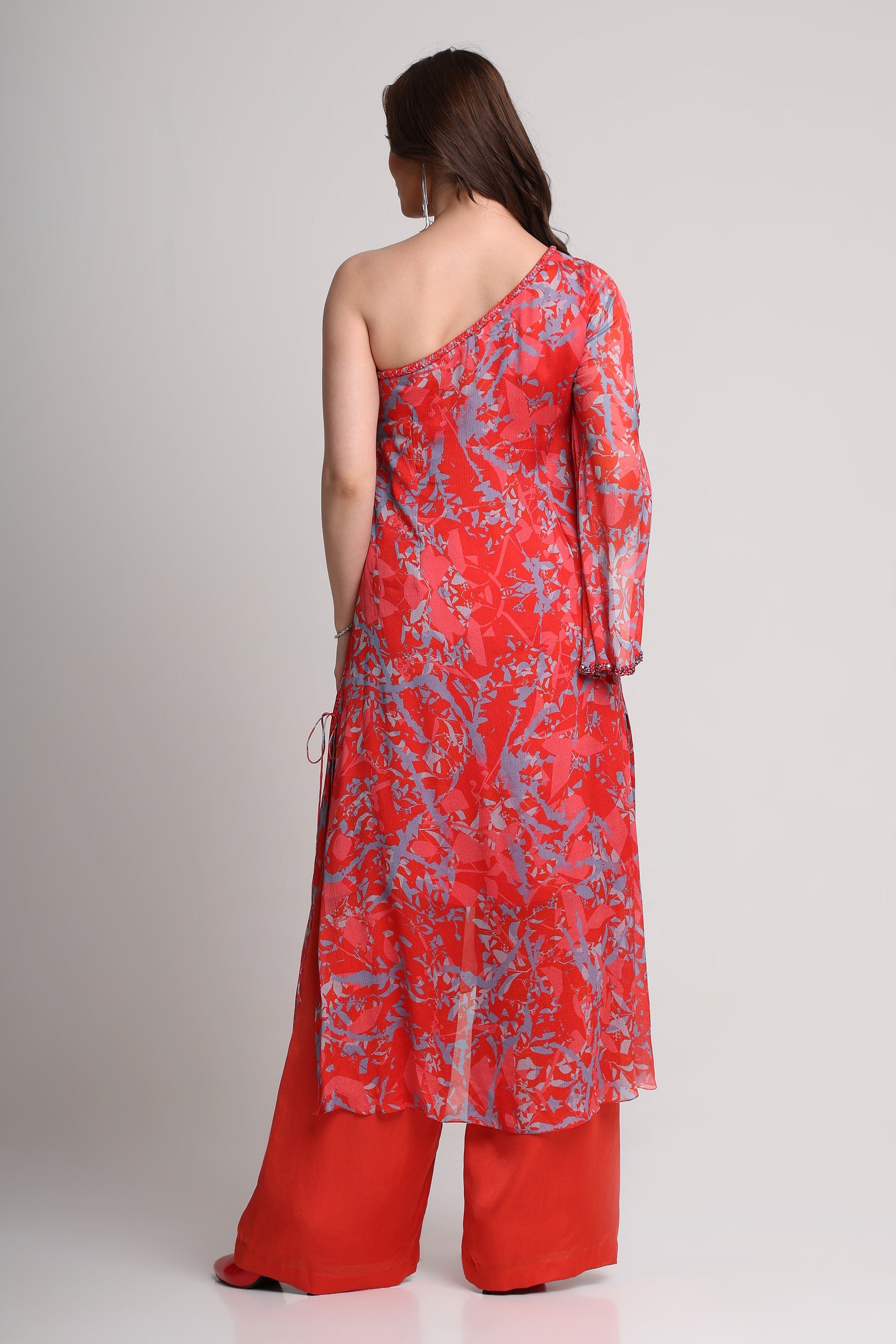 Red abstract floral print one shoulder kurta set