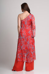 Red abstract floral print one shoulder kurta set