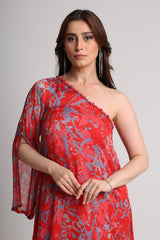 Red abstract floral print one shoulder kurta set