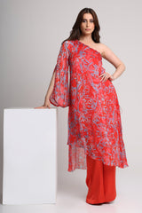 Red abstract floral print one shoulder kurta set